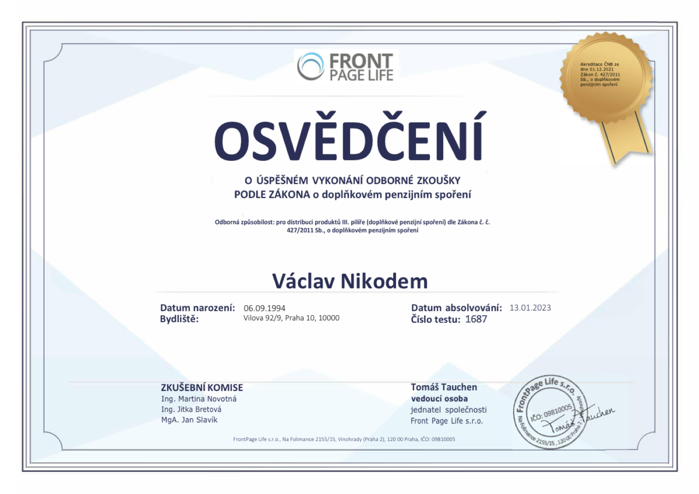 Osvědčení — doplňkové penzijní spoření